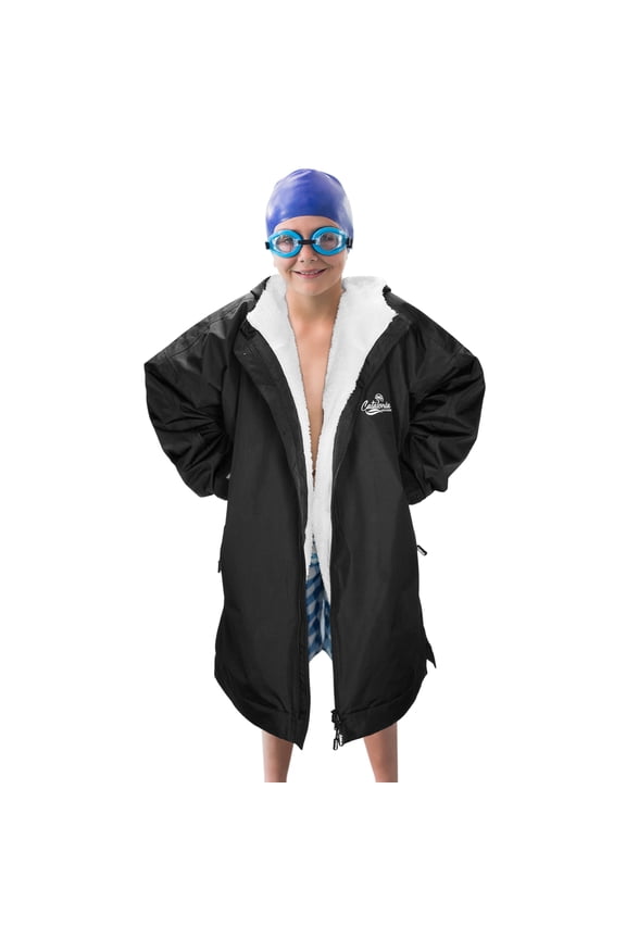 Kids Waterproof Swim Parka with Hood, Windproof Fleece Swim Jacket, Warm Winter Swim Coat for Boys Girls Youth, Perfect for Swim Lessons, Beach, Pool