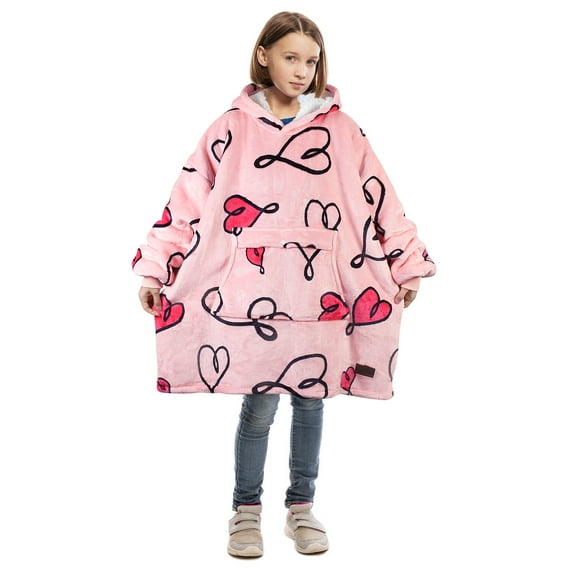Catalonia Love Art Print Hoodie for Kids, Oversized Wearable Sherpa Sweatshirt Pullover for 7-16 yr Teens Youth, Kids Gift Idea
