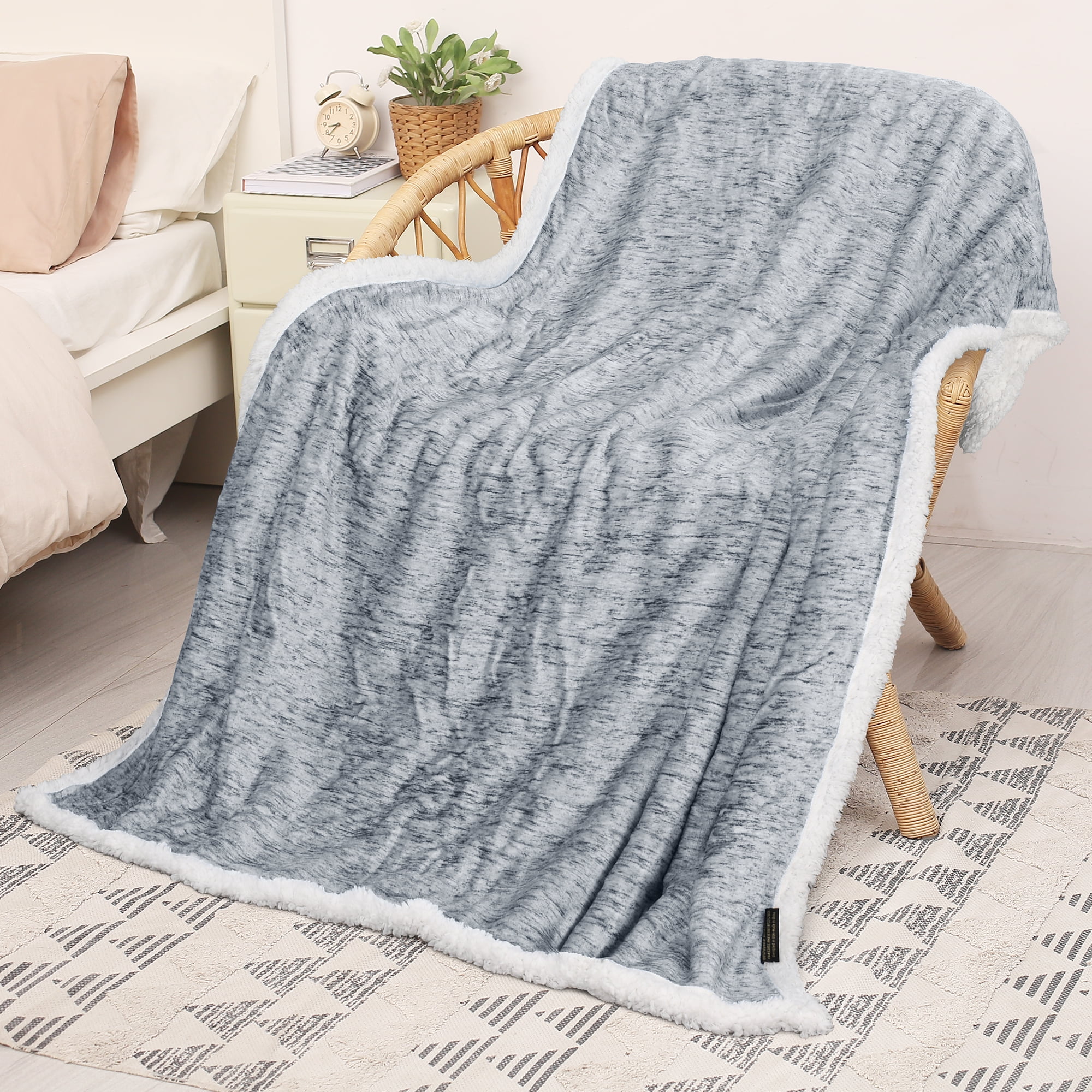 Melange Grey Reversible Sherpa Fleece Throw Blanket 50x60