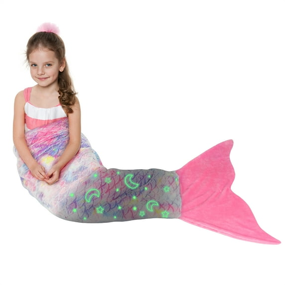Catalonia Mermaid Tail Blanket Glow in the Dark , Toddler Kids Girls Women Fleece Fish Scales Pattern Sleeping Bag, Mermaid Throw Blanket Gift 60"X50"