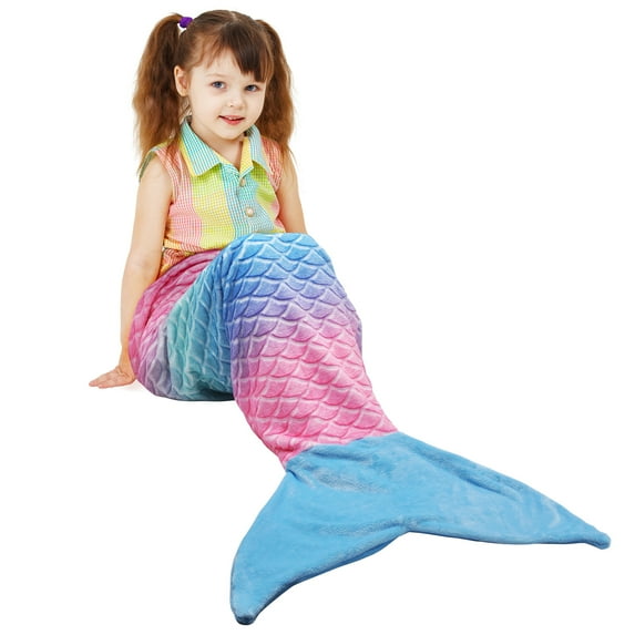 Catalonia Mermaid Tail Blanket, Soft Flannel Fleece All Seasons Sleeping Blanket for Kids Adults, Rainbow Ombre Fish Scale Design Snuggle Blanket, Best Gifts