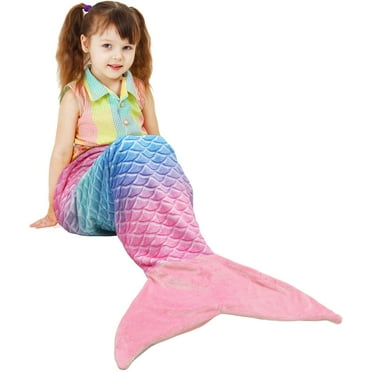 Catalonia Mermaid Tail Fleece Blankets for Beds, Soft Flannel All Seasons Blanket for Kids, Adults, Rainbow Ombre Fish Scale Design Snuggle Blanket, Ideal Gift for Holidays, 61" x 19"