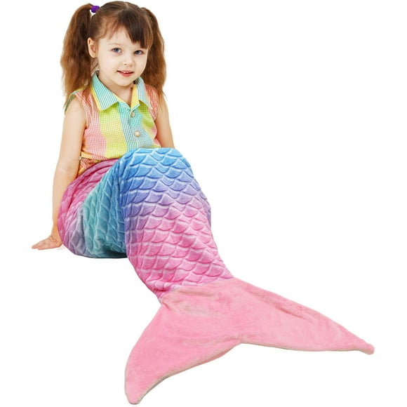 Catalonia Mermaid Tail Fleece Blankets for Beds, Soft Flannel All Seasons Blanket for Kids, Adults, Rainbow Ombre Fish Scale Design Snuggle Blanket, Ideal Gift for Holidays, 61" x 19"