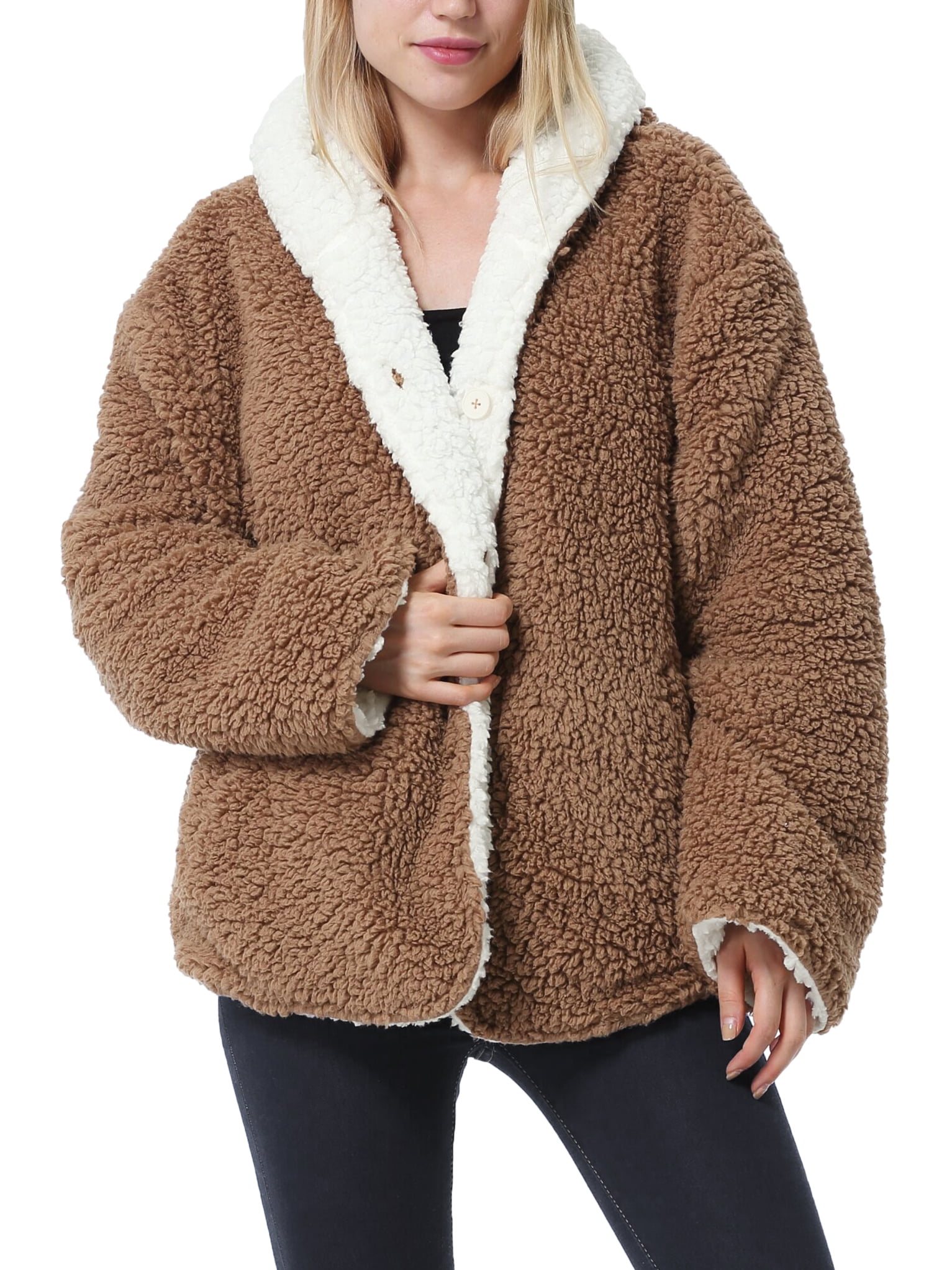 Catalonia One Size Women Teddy Hooded Jacket Pullover, Super Soft Cozy  Sherpa Reversible Casual Winter Blanket Jackets Hoodie Brown Cropped 
