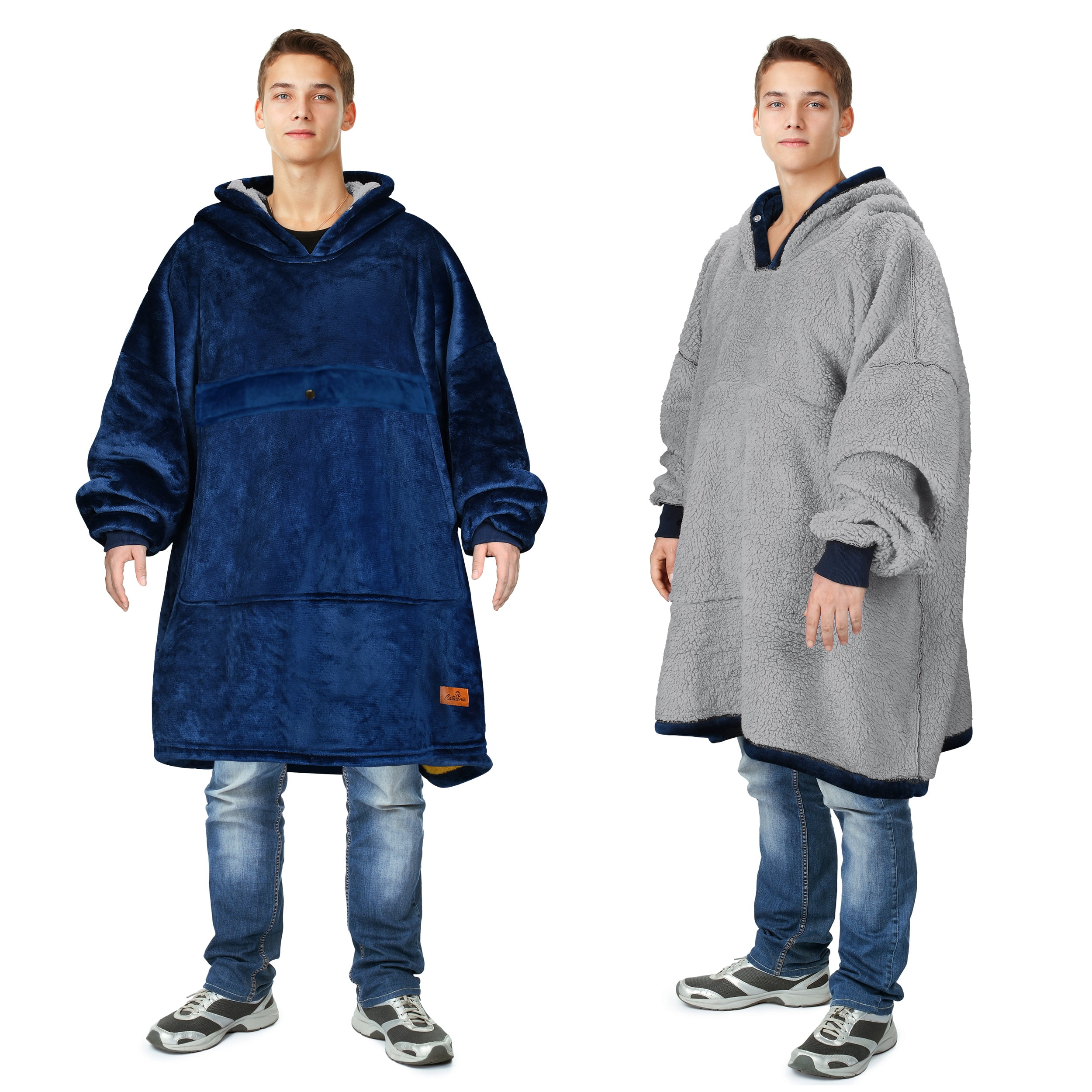 Catalonia Oversized Blanket Hoodie Sweatshirt, Comfortable Wearable Blanket Pullover Adults, Blue Silver