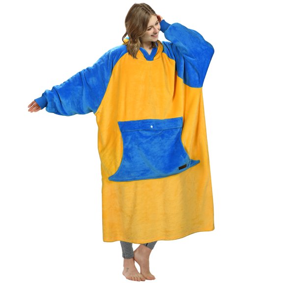 Catalonia Oversized Blanket Hoodie Sweatshirt, Fleece Pullover with Large Front Pocket, for Adults Men Women, Yellow/Blue