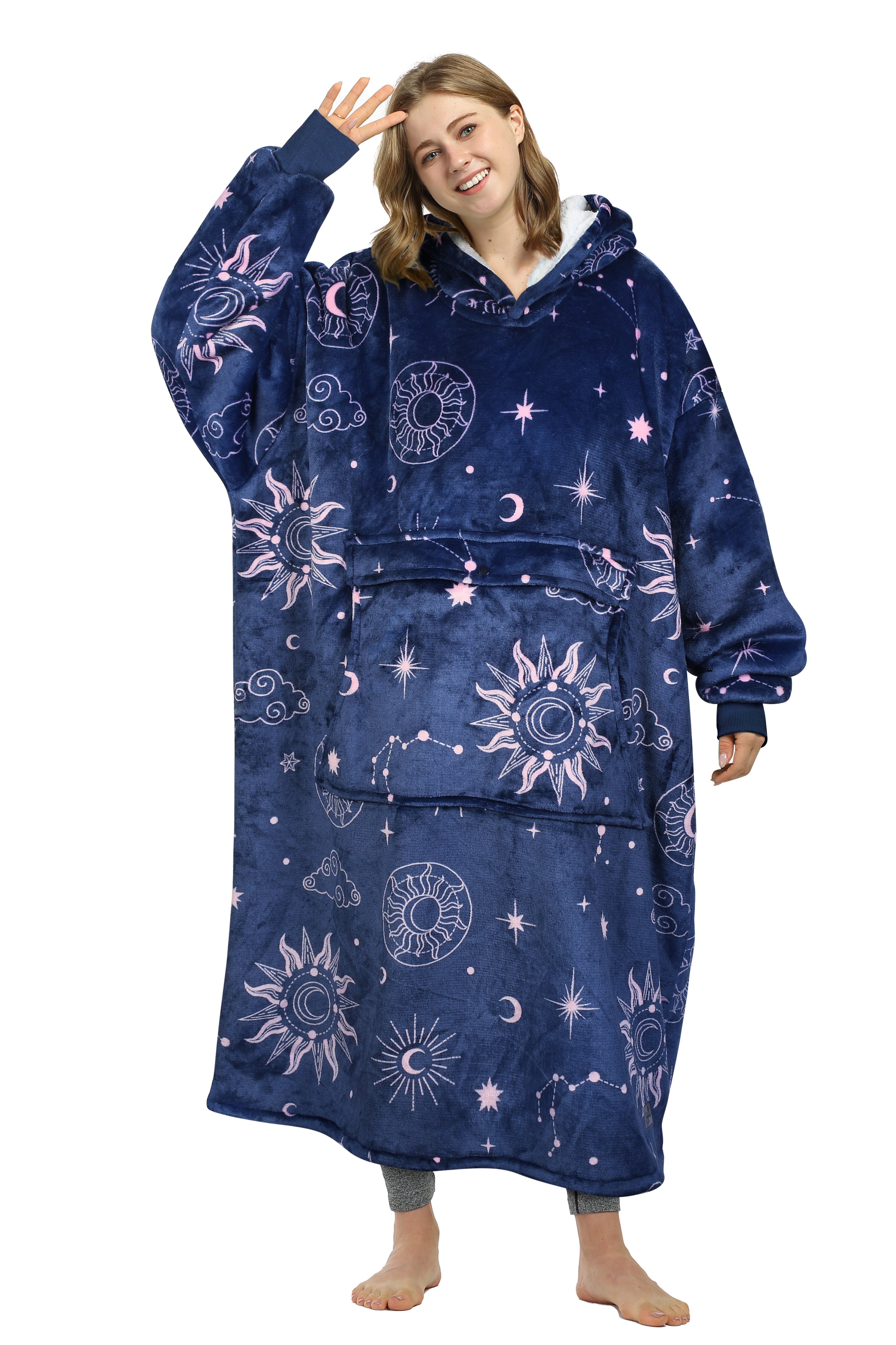 Catalonia Oversized Hoodie Blanket Sweatshirt, Comfortable Sherpa Lounging Pullover for Adults, Gifts for Women, Astrology Navy