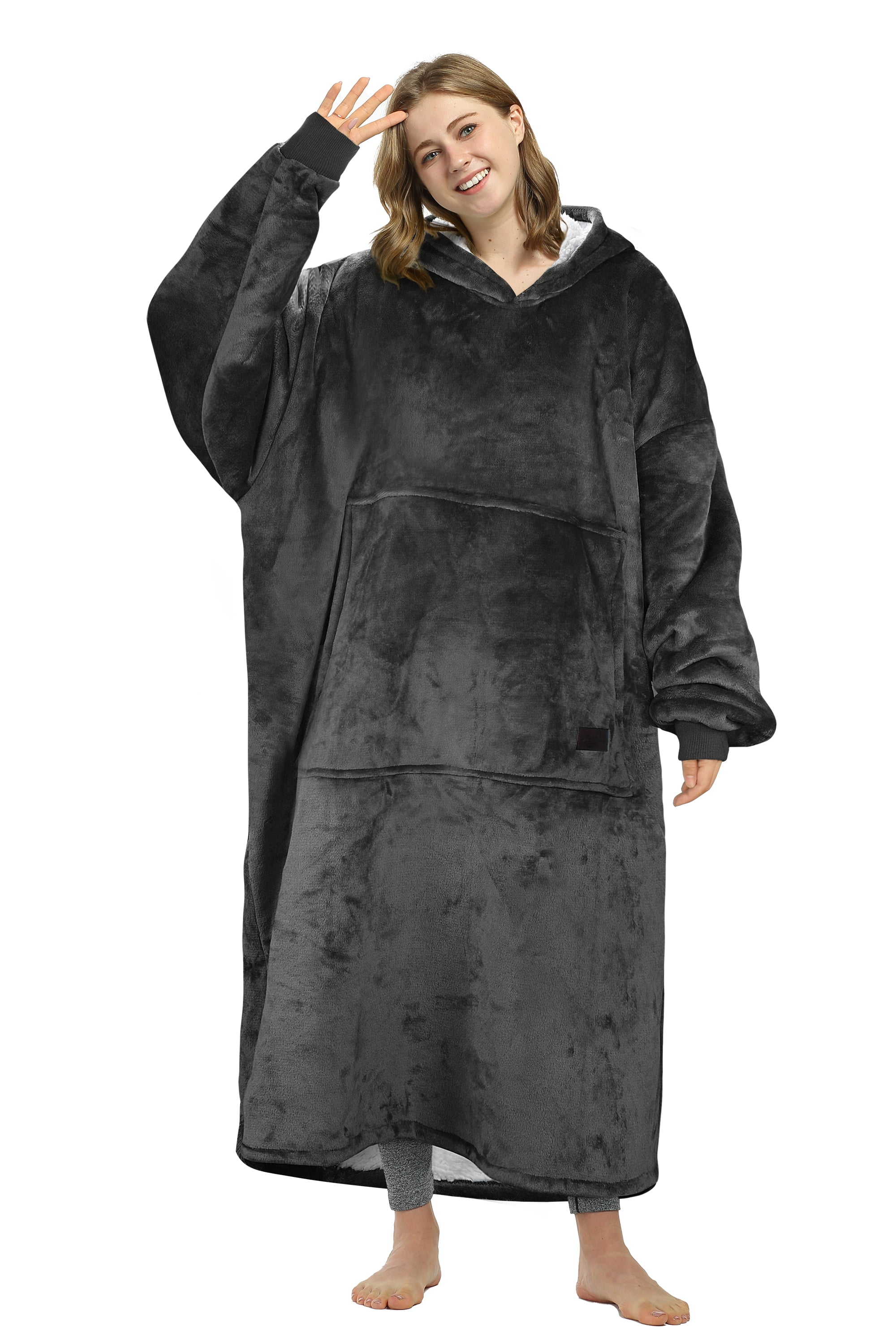 Catalonia Oversized Hoodie Blanket Sweatshirt, Comfortable Sherpa Lounging Pullover for Adults, Gifts for Women, Black