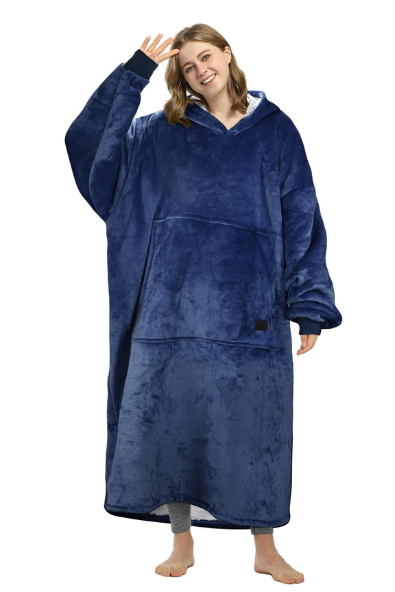 Oversized Hoodie Blanket Sweatshirt, Comfortable Sherpa Lounging Pullover for Adults, Gifts for Women, Navy Blue