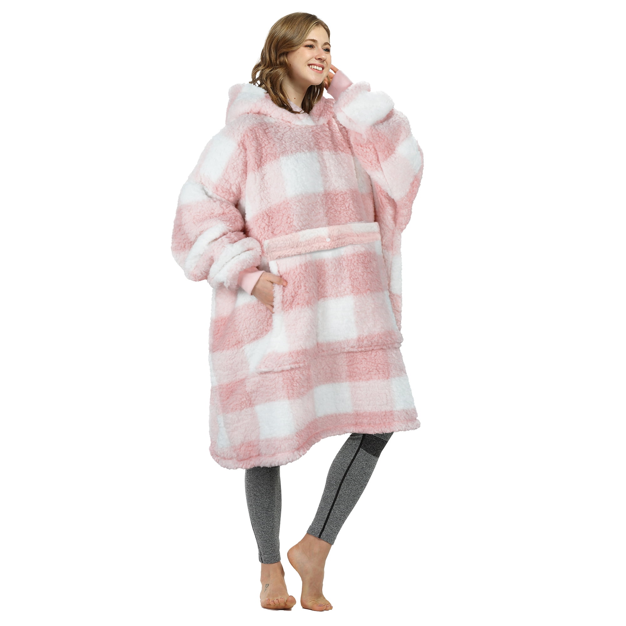 Catalonia Pink Plaid Oversized Wearable Blanket Hoodie Sweatshirt, Comfortable Sherpa Lounging Pullover for Adults Men Women Wife Girlfriend, Gift for Her