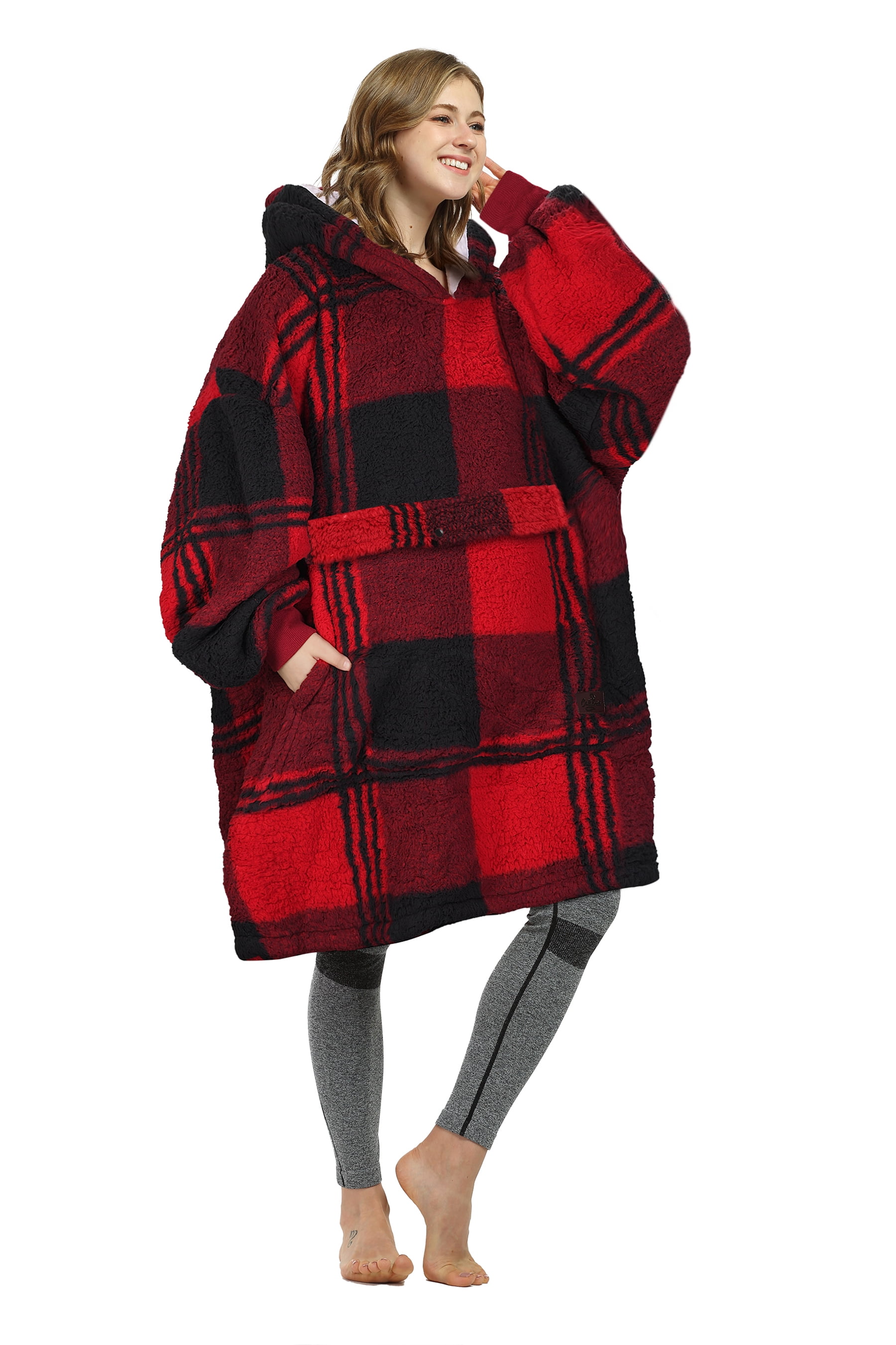 Catalonia Red Plaid Oversized Wearable Blanket Hoodie Sweatshirt, Comfortable Sherpa Lounging Pullover for Adults Men Women Wife Girlfriend, Gift for Her