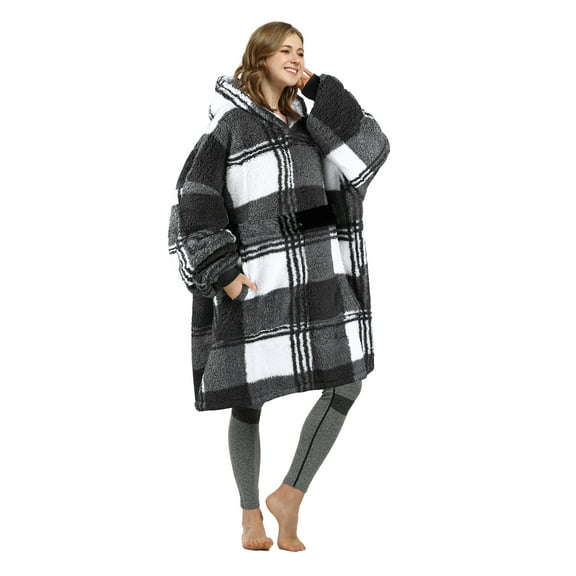 Catalonia Plaid Oversized Wearable Blanket Hoodie Sweatshirt, Comfortable Sherpa Lounging Pullover for Adults Men Women Wife Girlfriend, Gift for Her