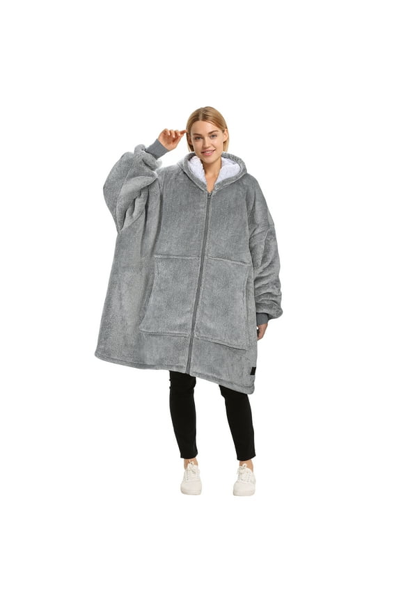 Oversized Hoodie Blanket with Zipper, Wearable Sherpa Sweatshirt Pullover, Soft Warm Comfortable Jacket for Adults Men Women, Ash Grey