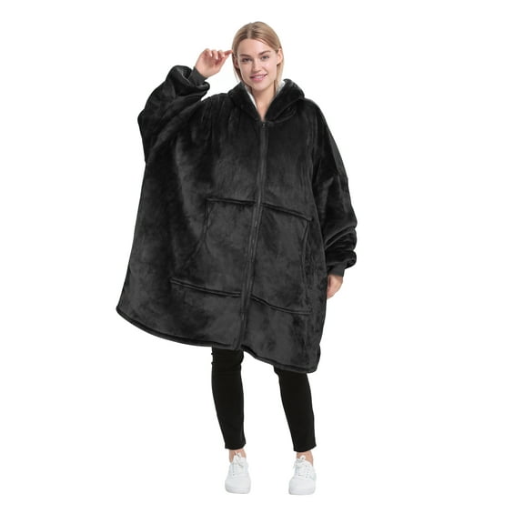 Catalonia Oversized Hoodie Blanket with Zipper, Wearable Sherpa Sweatshirt Pullover, Soft Warm Comfortable Jacket for Adults Men Women, Black