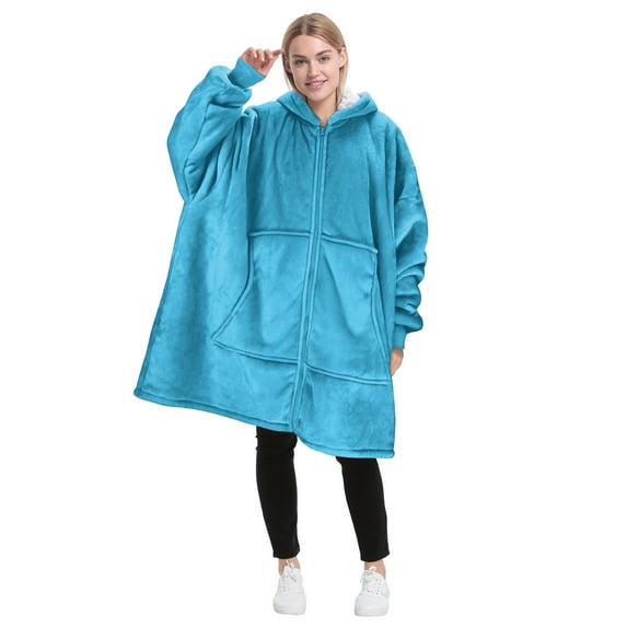 Catalonia Oversized Hoodie Blanket with Zipper, Wearable Sherpa Sweatshirt Pullover, Soft Warm Comfortable Jacket for Adults Men Women, Blue