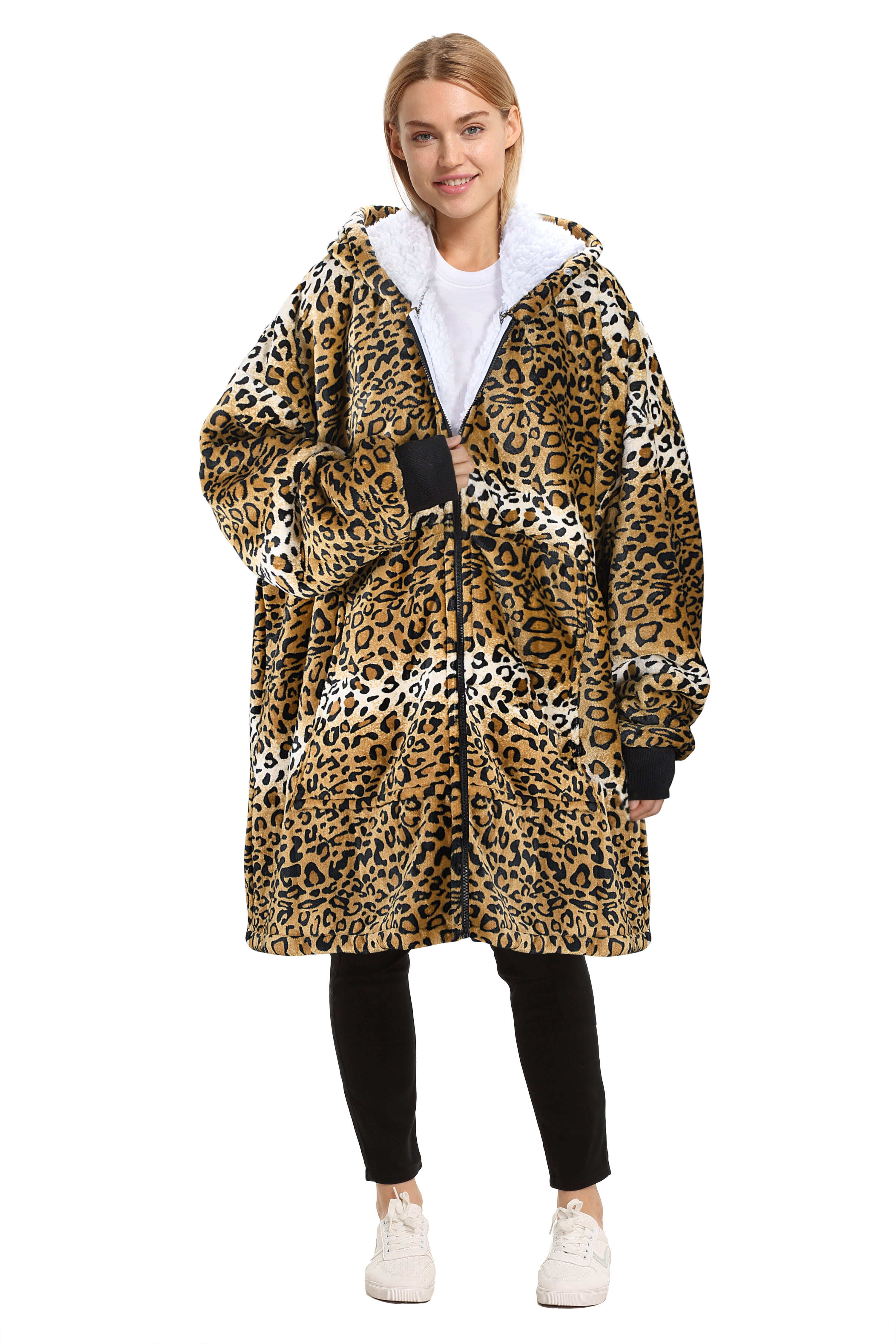 Catalonia Oversized Hoodie Blanket with Zipper, Wearable Sherpa Sweatshirt Pullover, Soft Warm Comfortable Jacket for Adults Men Women, Cheetah