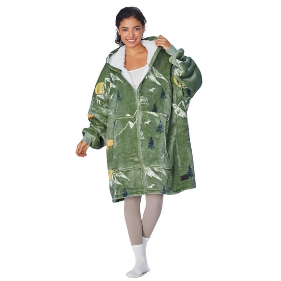 Catalonia Oversized Hoodie Blanket with Zipper, Wearable Sherpa Sweatshirt Pullover, Soft Warm Comfortable Jacket for Adults Men Women, Green Camping