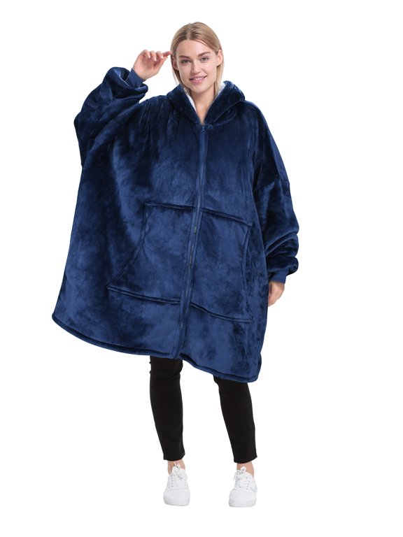 Oversized Hoodie Blanket with Zipper, Wearable Sherpa Sweatshirt Pullover, Soft Warm Comfortable Jacket for Adults Men Women, Navy