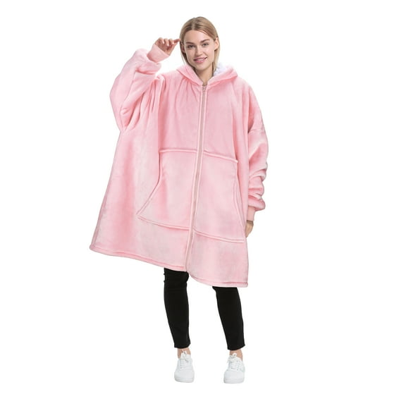Catalonia Oversized Hoodie Blanket with Zipper, Wearable Sherpa Sweatshirt Pullover, Soft Warm Comfortable Jacket for Adults Men Women, Pink
