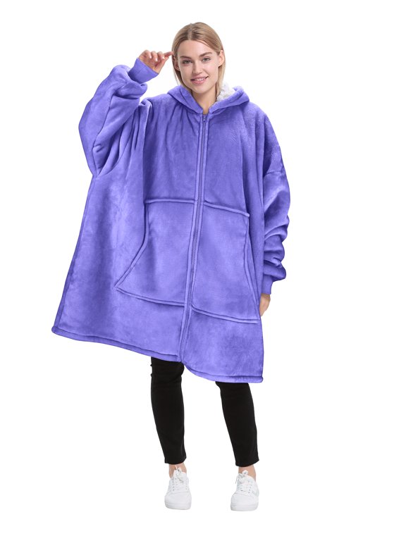 Oversized Hoodie Blanket with Zipper, Wearable Sherpa Sweatshirt Pullover, Soft Warm Comfortable Jacket for Adults Men Women, Purple