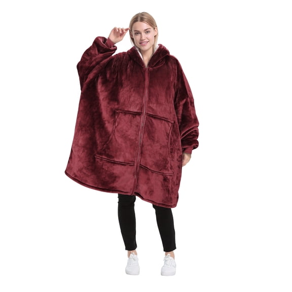 Catalonia Oversized Hoodie Blanket with Zipper, Wearable Sherpa Sweatshirt Pullover, Soft Warm Comfortable Jacket for Adults Men Women, Wine