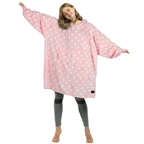 Catalonia Pink Polka Dot Oversized Blanket Hoodie Sweatshirt, Wearable Fleece Pullover for Adults Men Women
