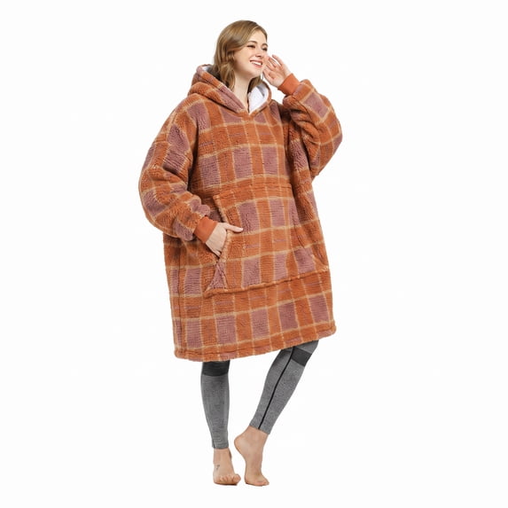 Catalonia Plaid Oversized Wearable Blanket Hoodie Sweatshirt, Sherpa Lounging Pullover for Adults