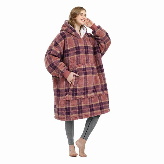 Catalonia Plaid Oversized Wearable Blanket Hoodie Sweatshirt, Sherpa Lounging Pullover for Adults