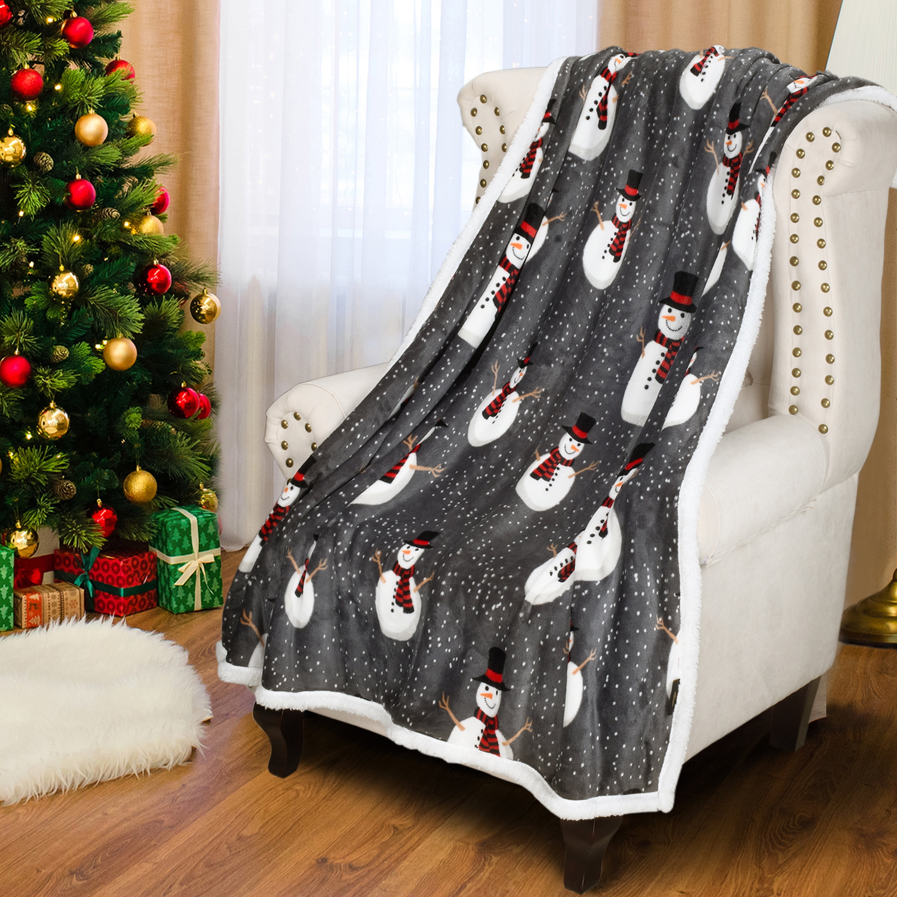 Catalonia Snowman Holiday Theme Sherpa Fleece Throw Blanket, 50x60 inches