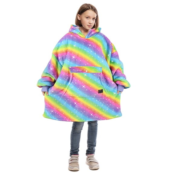 Catalonia Rainbow Blanket Hoodie for Kids, Oversized Wearable Sherpa Sweatshirt Pullover for 7-16 yr Teens Youth, Kids Gift Idea