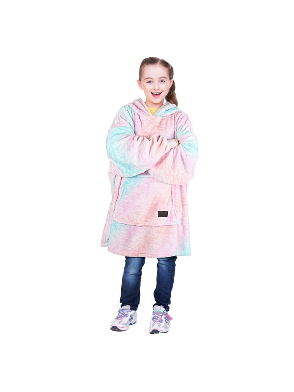 Rainbow Cat Oversized Blanket Hoodie Sweatshirt for Kids, Wearable Fleece Pullover with Large Front Pocket, Teen Boys Girls Gift