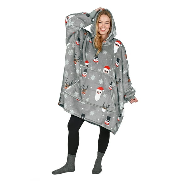 Catalonia Santa Deer Print Oversized Hoodie Blanket Sweatshirt,Wearable Sherpa Giant Pullover for Adults Men Women Teenagers Gift, Gray