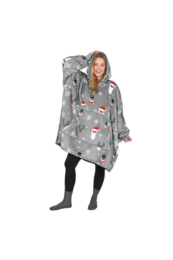 Santa Deer Print Oversized Hoodie Blanket Sweatshirt,Wearable Sherpa Giant Pullover for Adults Men Women Teenagers Gift, Gray