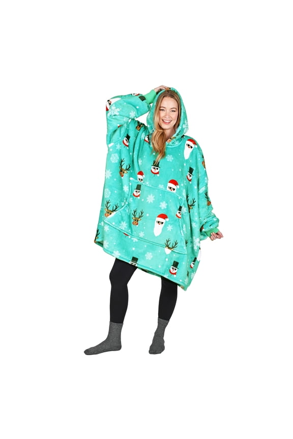 Santa and Deer Print Hoodie Blanket Oversized Sweatshirt,Wearable Sherpa Giant Pullover for Adults Men Women Teenagers Gift, Green