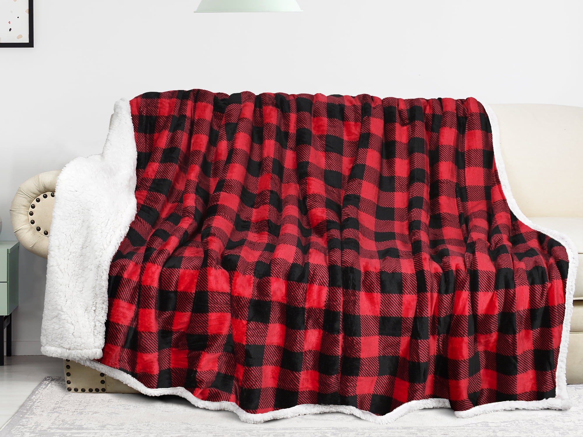 Catalonia Red Plaid Sherpa Fleece Reversible Throw Blanket, 60"x80"