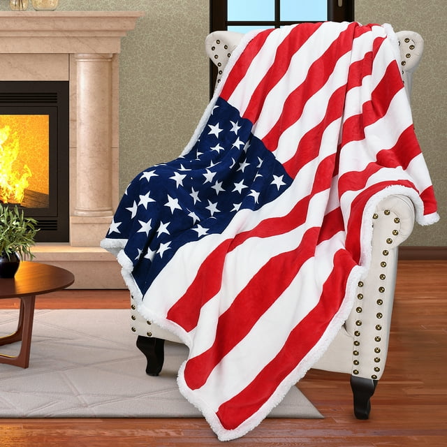 Catalonia Sherpa Reversible Print Patriotic American Flag Blanket 60"x50" Plush Super Soft Warm Polar Fleece Throws for Couch, Sofa, Bed