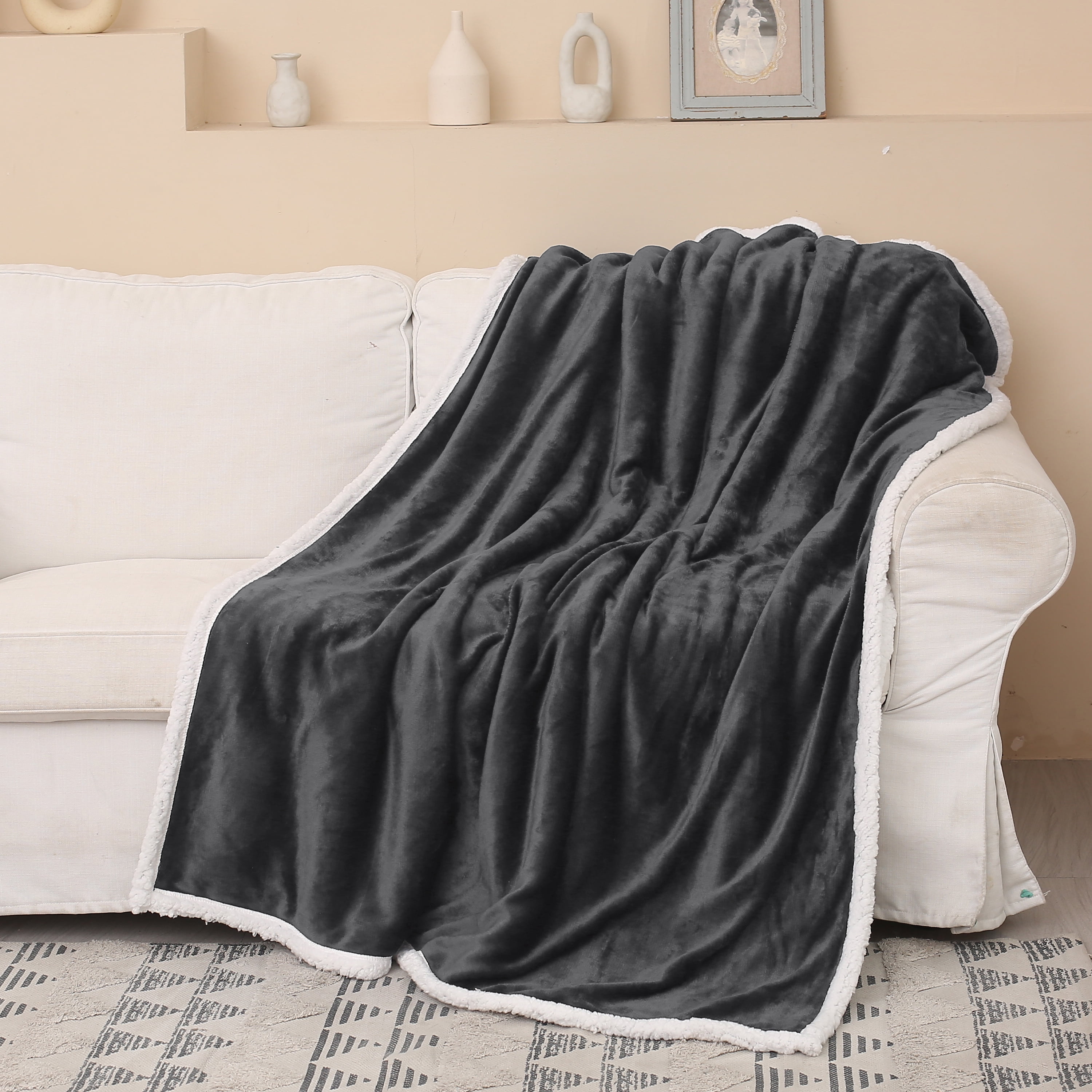 Catalonia Dark Gray Sherpa Fleece Reversible Throw Blanket 50x60 inches