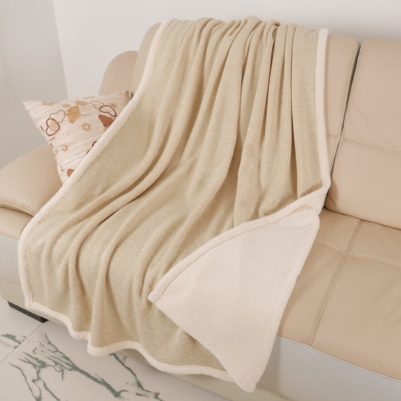 Catalonia Sherpa Throw Blanket, Reversible Cozy Waffle Pattern Knitted Blanket Throw for Couch Bed 60""x50"", Latte