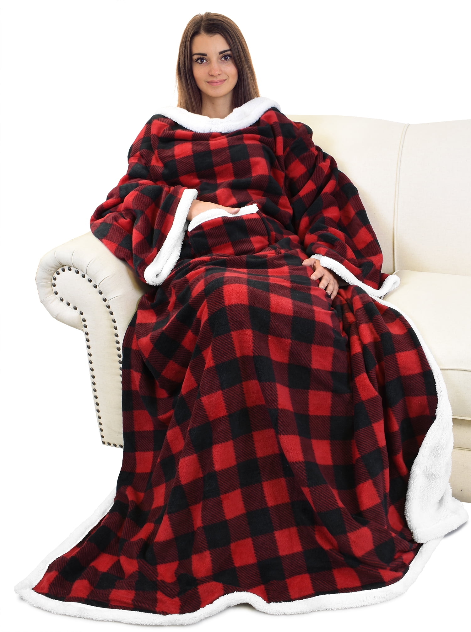 Red Check Sherpa Fleece Wearable Blanket with Sleeves