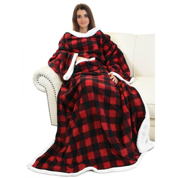 Catalonia Sherpa Wearable Blanket with Sleeves Arms, Super Soft Warm Comfy Large Fleece Plush Sleeved TV Throws Wrap Robe Blanket for Adult Women and Men, Red Check, 72" x 55"