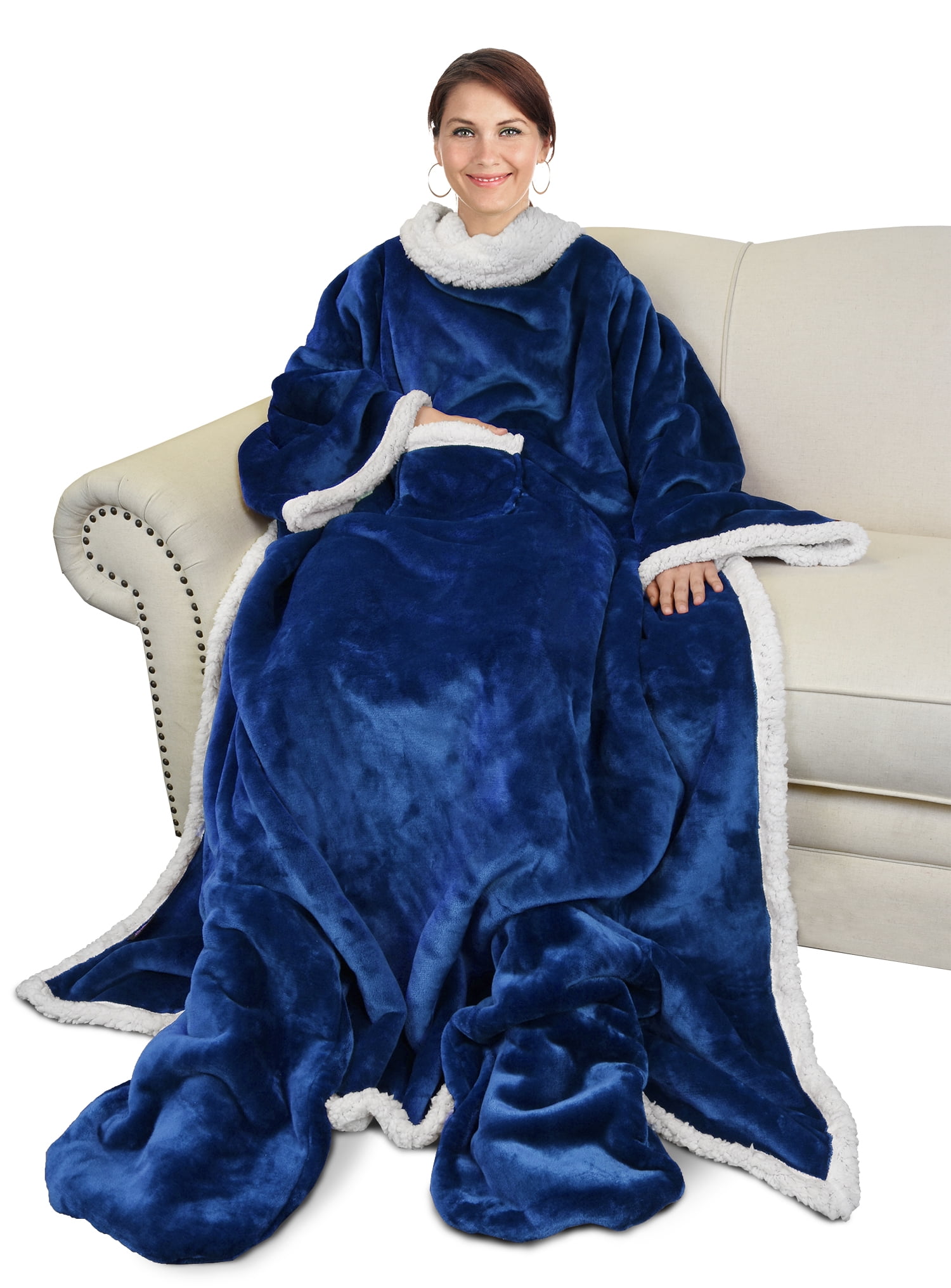 Catalonia Sherpa Wearable Blanket with Sleeves & Foot Pockets for Adult Women Men, Comfy Snuggle Wrap Sleeved Throw Blanket Robe, Gift Idea, Blue, 75" x 53"