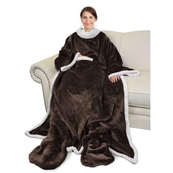 Catalonia Sherpa Wearable Blanket with Sleeves & Foot Pockets for Adult Women Men, Comfy Snuggle Wrap Sleeved Throw Blanket Robe, Gift Idea, Brown, 75" x 53"