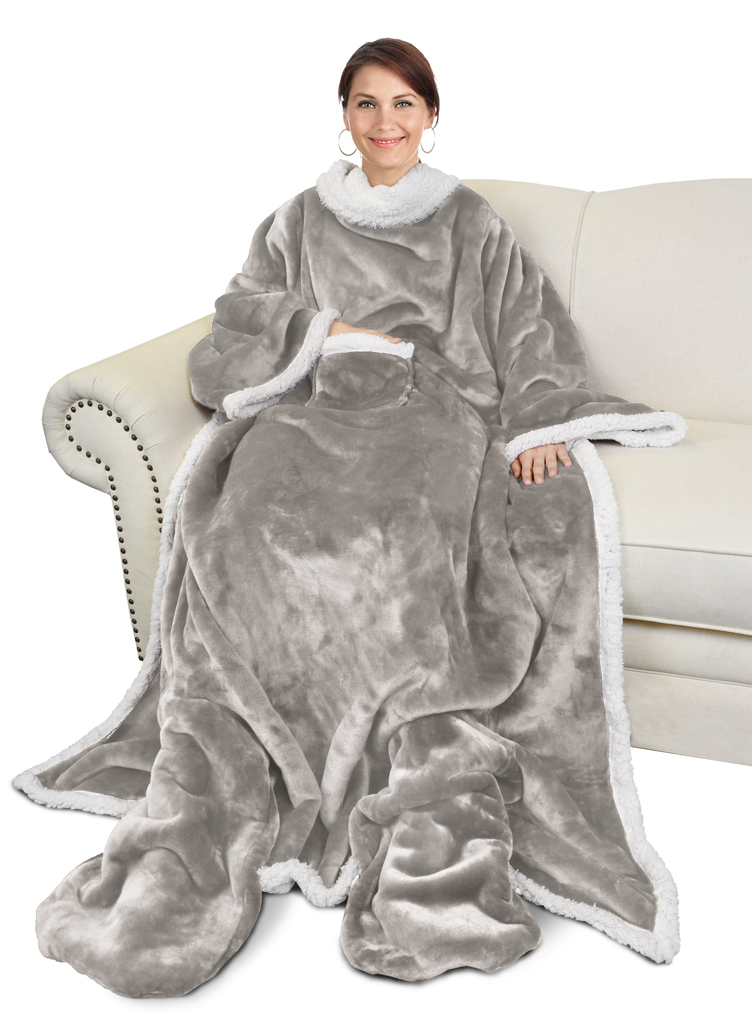 Catalonia Sherpa Wearable Blanket with Sleeves & Foot Pockets for Adult Women Men, Comfy Snuggle Wrap Sleeved Throw Blanket Robe, Gift Idea, Camel, 75" x 53"