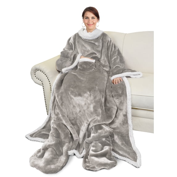 Catalonia Sherpa Wearable Blanket with Sleeves & Foot Pockets for Adult Women Men, Comfy Snuggle Wrap Sleeved Throw Blanket Robe, Gift Idea, Camel, 68" x 53"