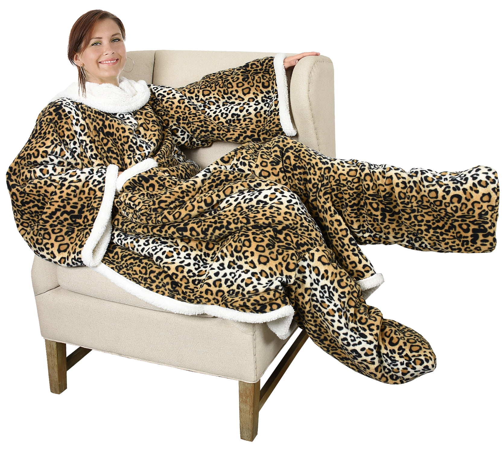 Catalonia Sherpa Wearable Blanket with Sleeves & Foot Pockets for Adult Women Men, Comfy Snuggle Wrap Sleeved Throw Blanket Robe, Gift Idea, Cheetah, 75" x 53"