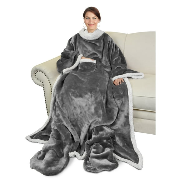 Catalonia Sherpa Wearable Blanket with Sleeves & Foot Pockets for Adult Women Men, Comfy Snuggle Wrap Sleeved Throw Blanket Robe, Gift Idea, Grey, 75" x 53"
