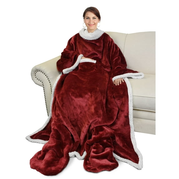 Catalonia Sherpa Wearable Blanket with Sleeves & Foot Pockets for Adult Women Men, Comfy Snuggle Wrap Sleeved Throw Blanket Robe, Gift Idea, Wine, 75" x 53"