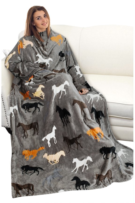 Sherpa Wearable Fleece Blanket with Sleeves and Large Pockets, Soft Microfleece Adult Wrap Blanket for Lounge Couch 73” x 51”