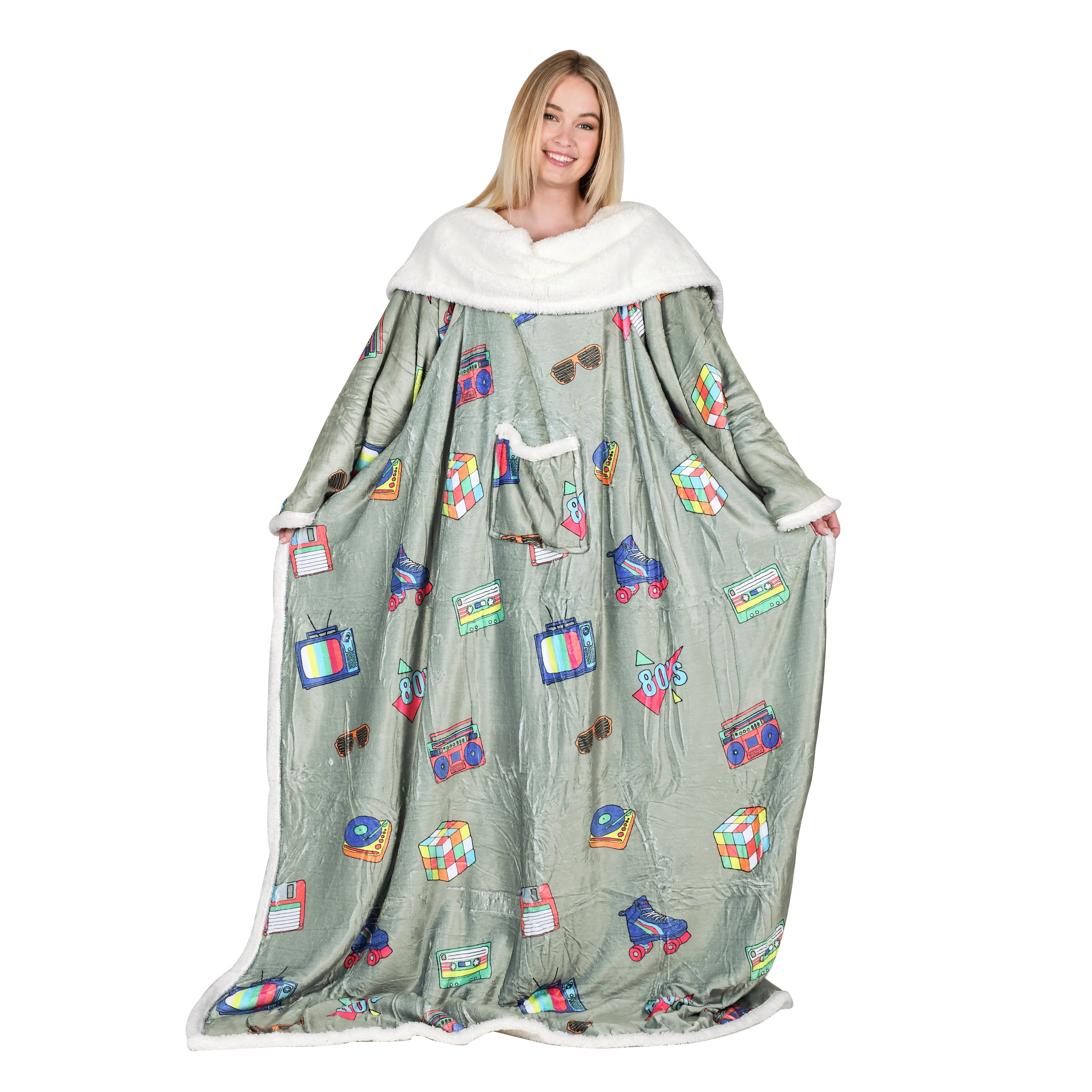 Catalonia 80's Print Sherpa Fleece Wearable Blanket with Sleeves