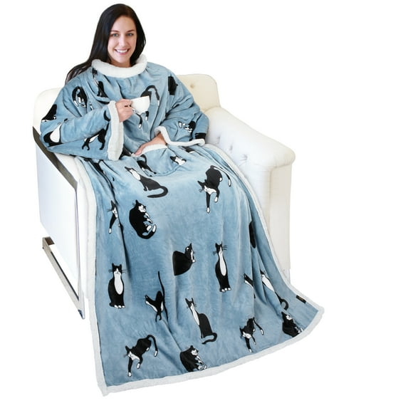 Catalonia Sherpa Wearable Fleece Throws Blanket with Sleeves and Large Pocket for Women Men, Super Soft Microplush Adult Wrap Full Body Blanket Robe for Lounge Couch 70" x 52"